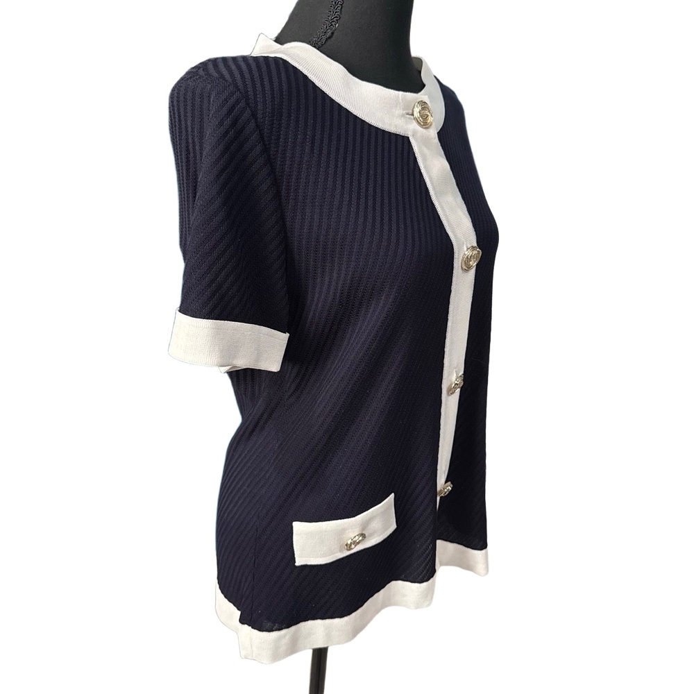 Misook NWOT Women’s Short Sleeve Cardigan in Navy|White-Size Small - Picture 4 of 10